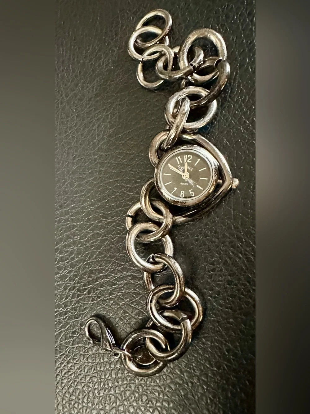 Decree Silver Heart Link Bracelet Watch with Black Dial